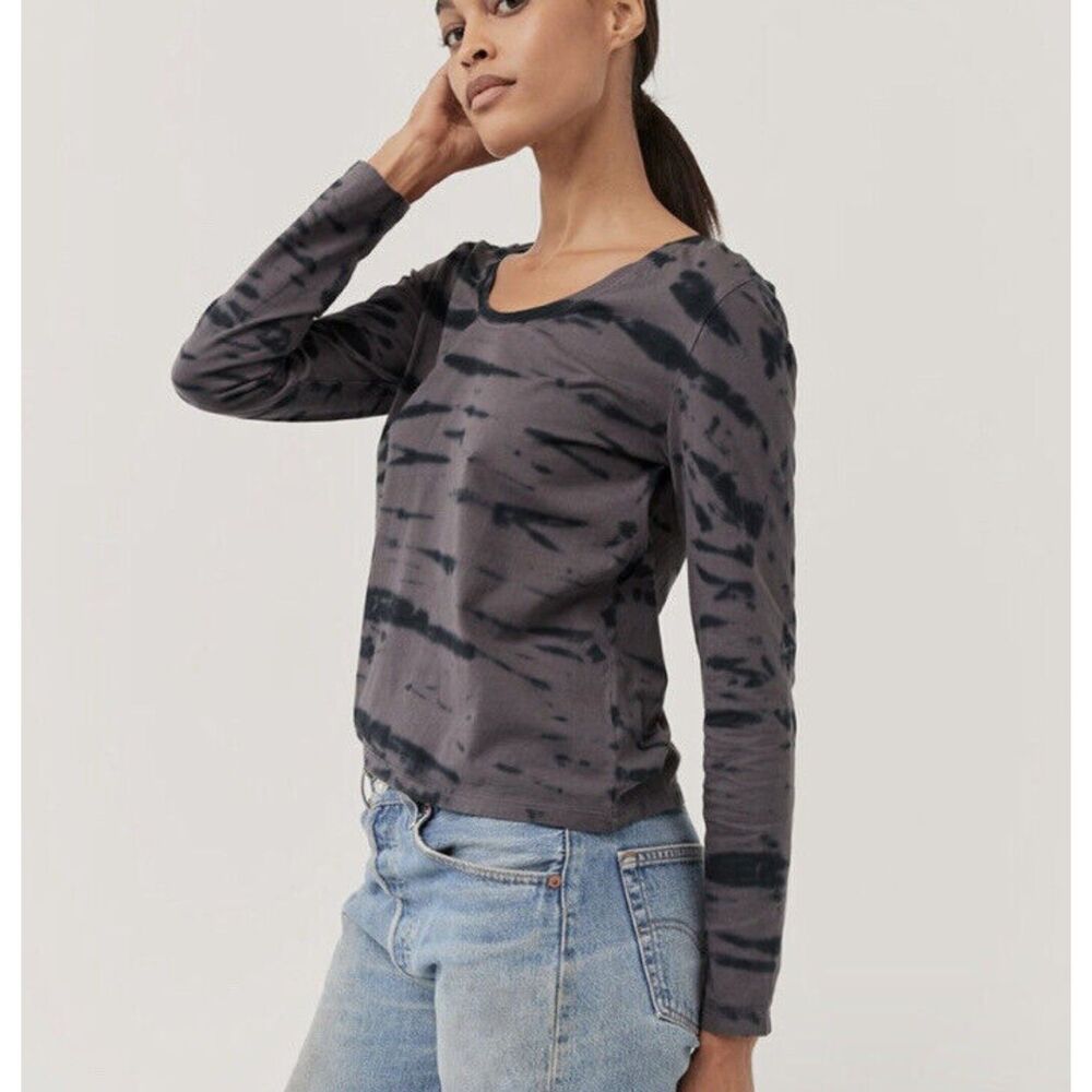 NWT PACT Women's Granite Stripe Vintage Long Sleeve Tee, Gray/Navy, Size M